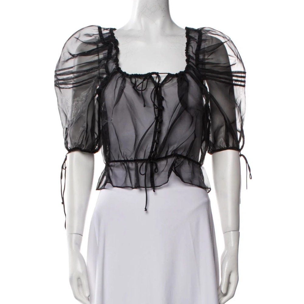 For Love & Lemons Sheer Black Puff Sleeve Tie-Front Top